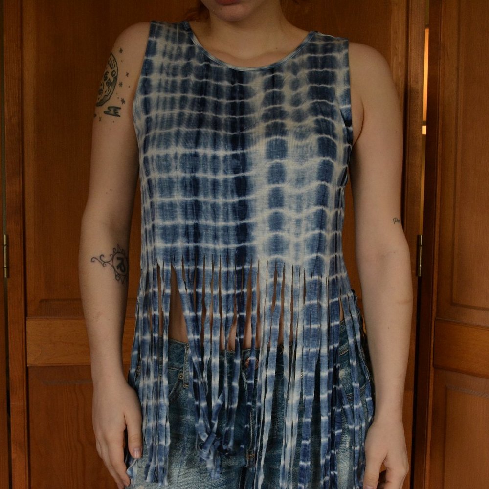 Blue Tie Dyed Washed Shredded Tank